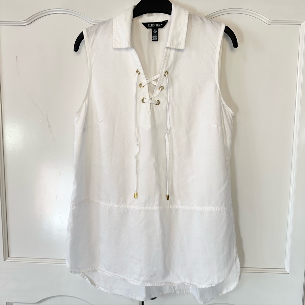 100% Tencel Ellen Tracy White Collared Sleeveless Tunic with Gold Details Medium